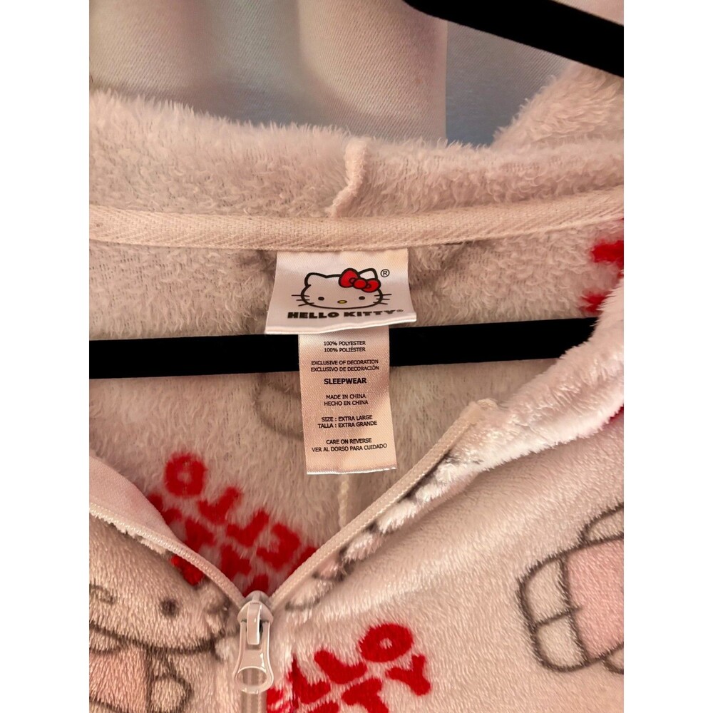 Hello Kitty Adult XL Fleece Hood One-Piece Zip up Pajamas Sleepwear Sanrio - Picture 2 of 7